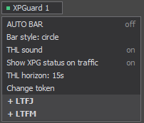 XPGuard menu with an expanded airport and BAR/THL checkboxes