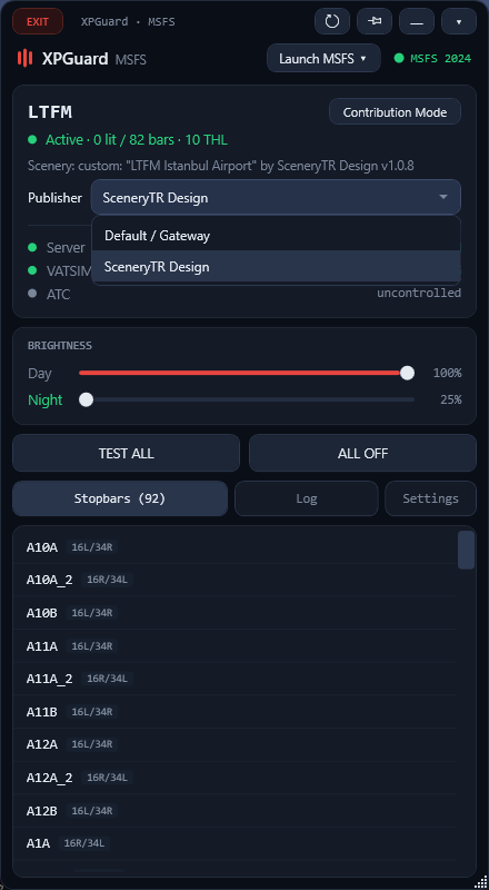 The Publisher dropdown open — Default / Gateway plus the airport's published publishers.