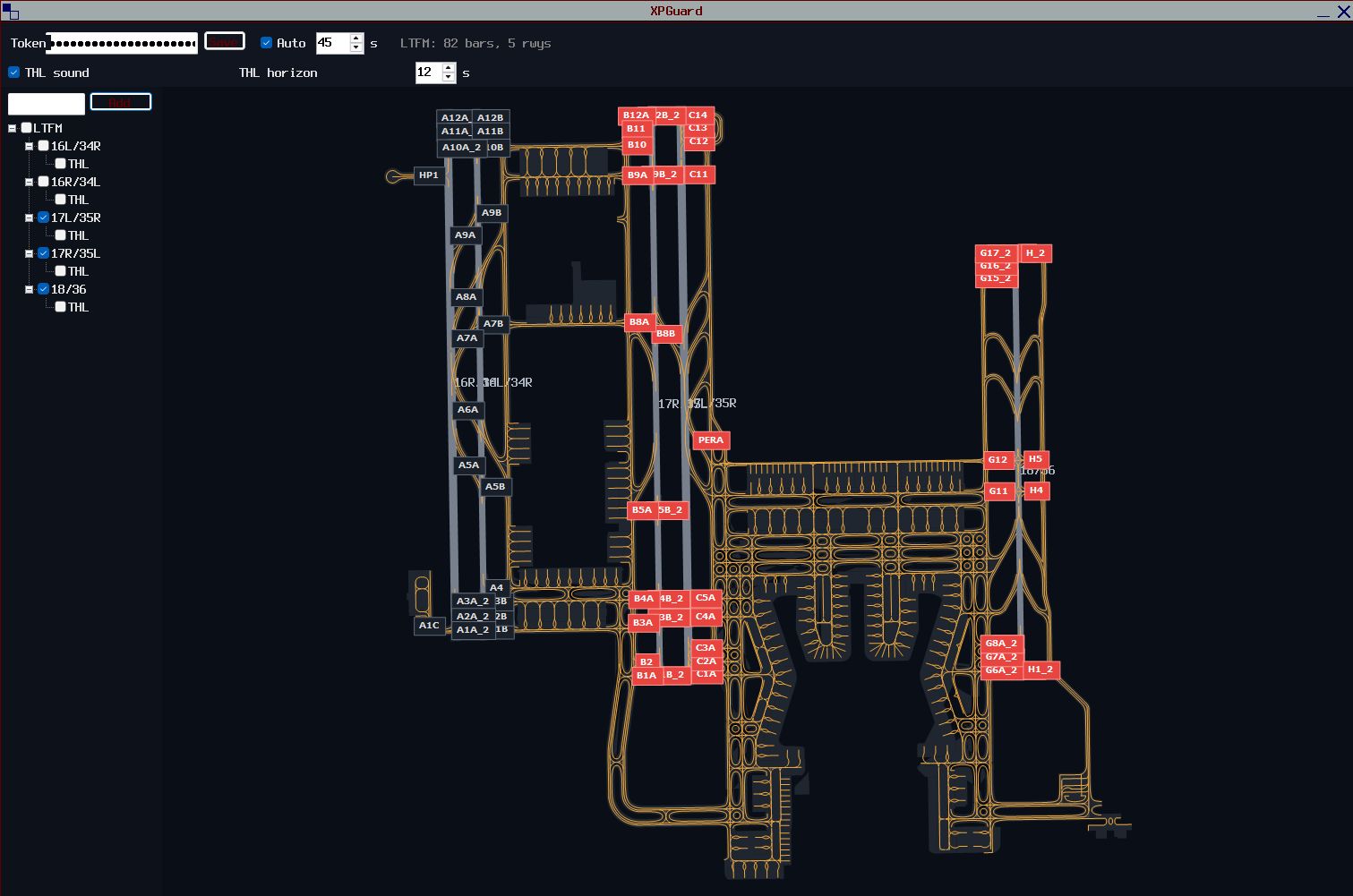 The XPGuard for vatSys window — token field, Auto toggle and the airport/runway tree